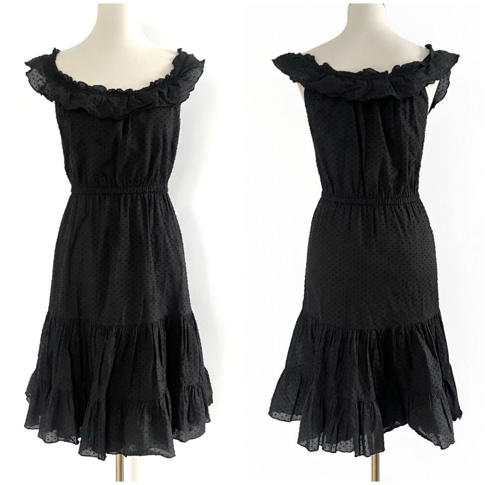 Tocca Black 100% Cotton Swiss Dot Ruffle Neck Tiered Midi Dress Womens S Western